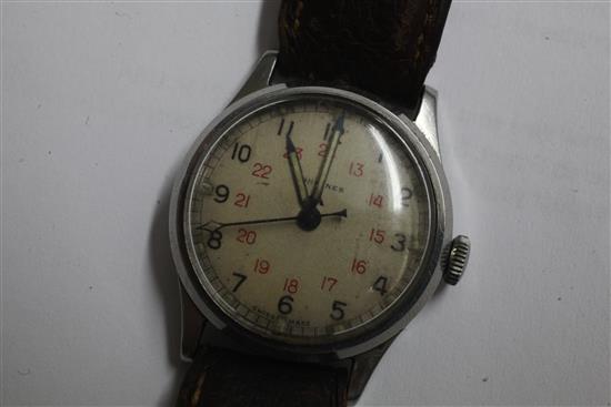 A 1940s gentlemans stainless steel Longines military manual wind wrist watch,